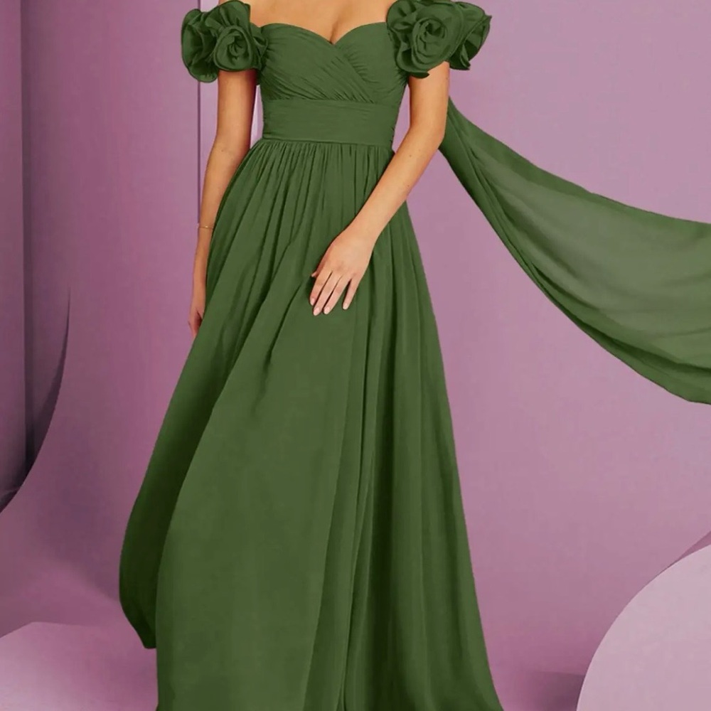 Barbie by Azazie A-Line Off Shoulder Chiffon Convertible Dress Olive Green NWT - Picture 10 of 11